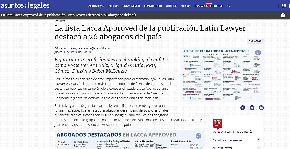 La lista Lacca Approved de la publicacin Latin Lawyer destac a 26 abogados del pas